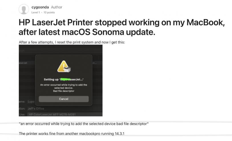 先別更新macOS Sonoma 14.4！問題連爆印表機(jī)功能恐失效(圖1)