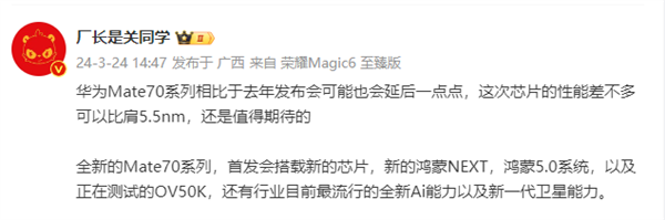 華為Mate 70細(xì)節(jié)曝光！芯片性能比肩5.5nm、新鴻蒙5.0系統(tǒng)